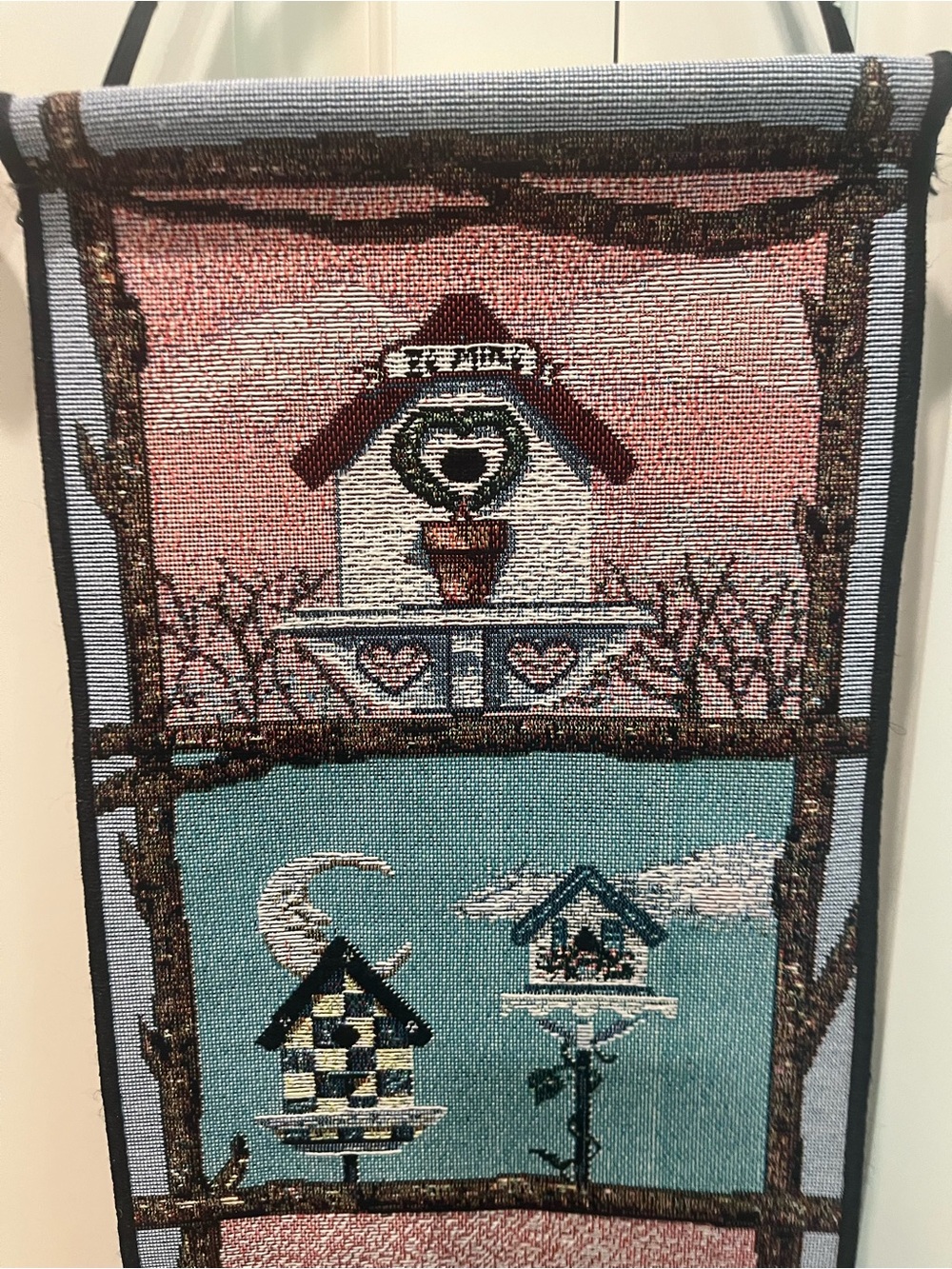 Handcrafted Blue and Pink Birdhouse Wall Hanging Tapestry